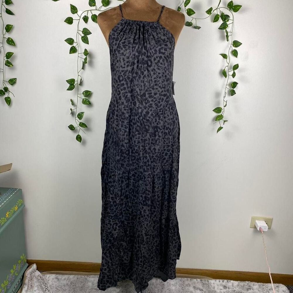 NWT old navy Black & gray leopard print maxi dress high neck sleeveless tiered